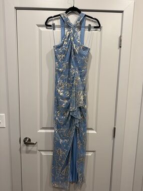 Adrianna Papell Blue and Gold Metallic Floral Maxi Dress